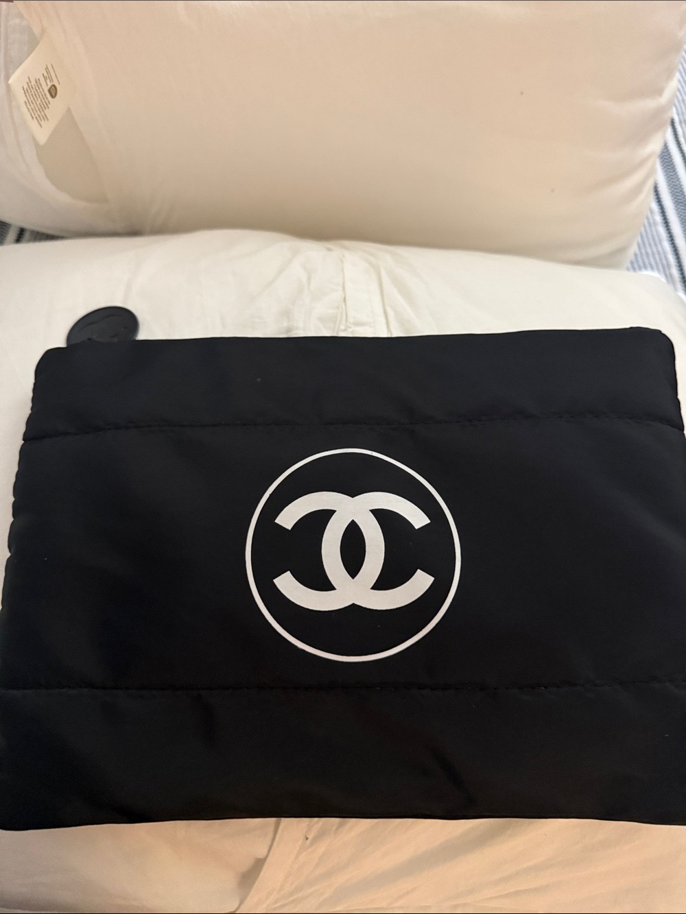 CHANEL Black Quilted Toiletry Pouch with White CC Logo